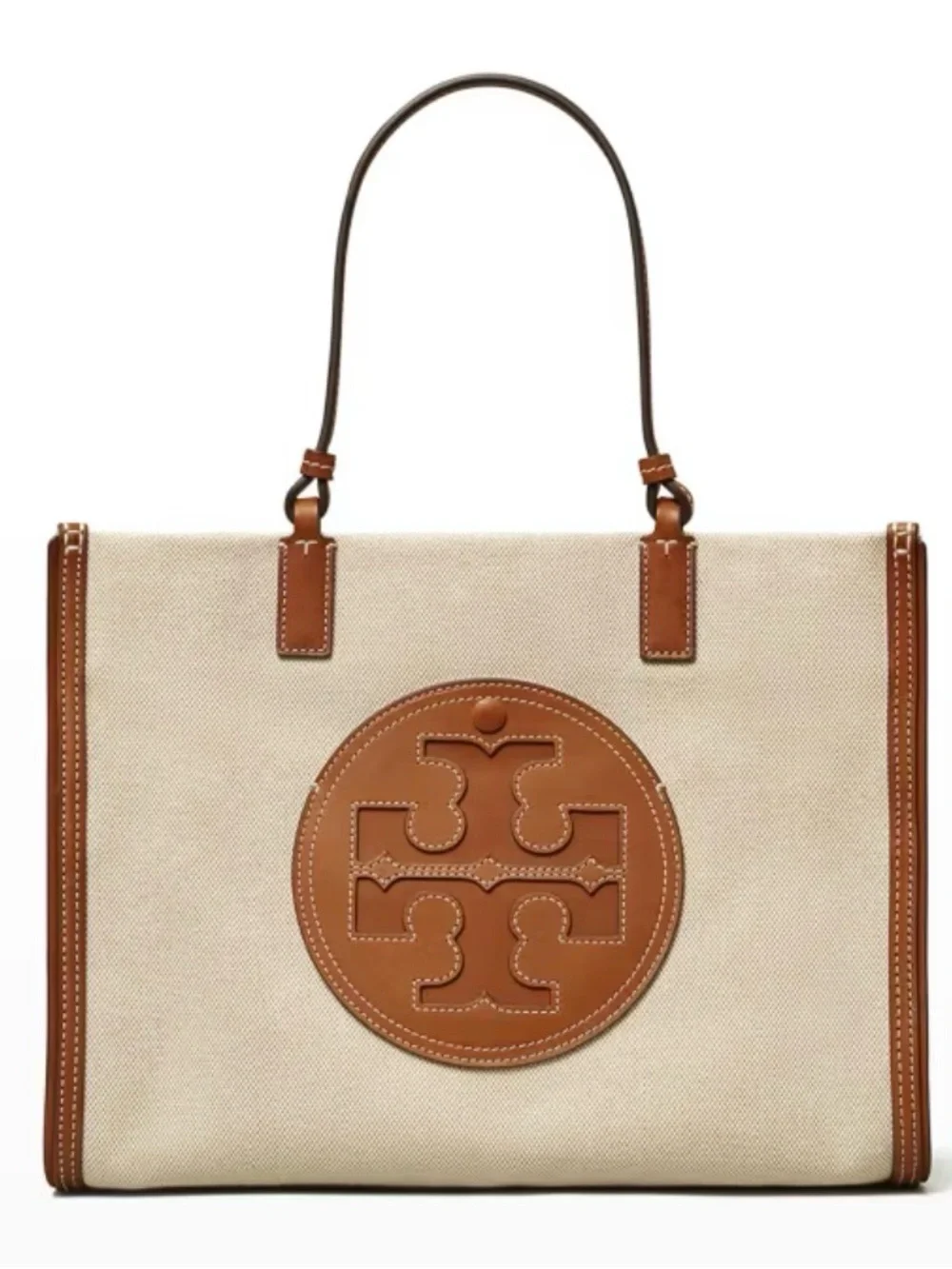 Tory Burch Ella Canvas and Tan Leather Logo Tote